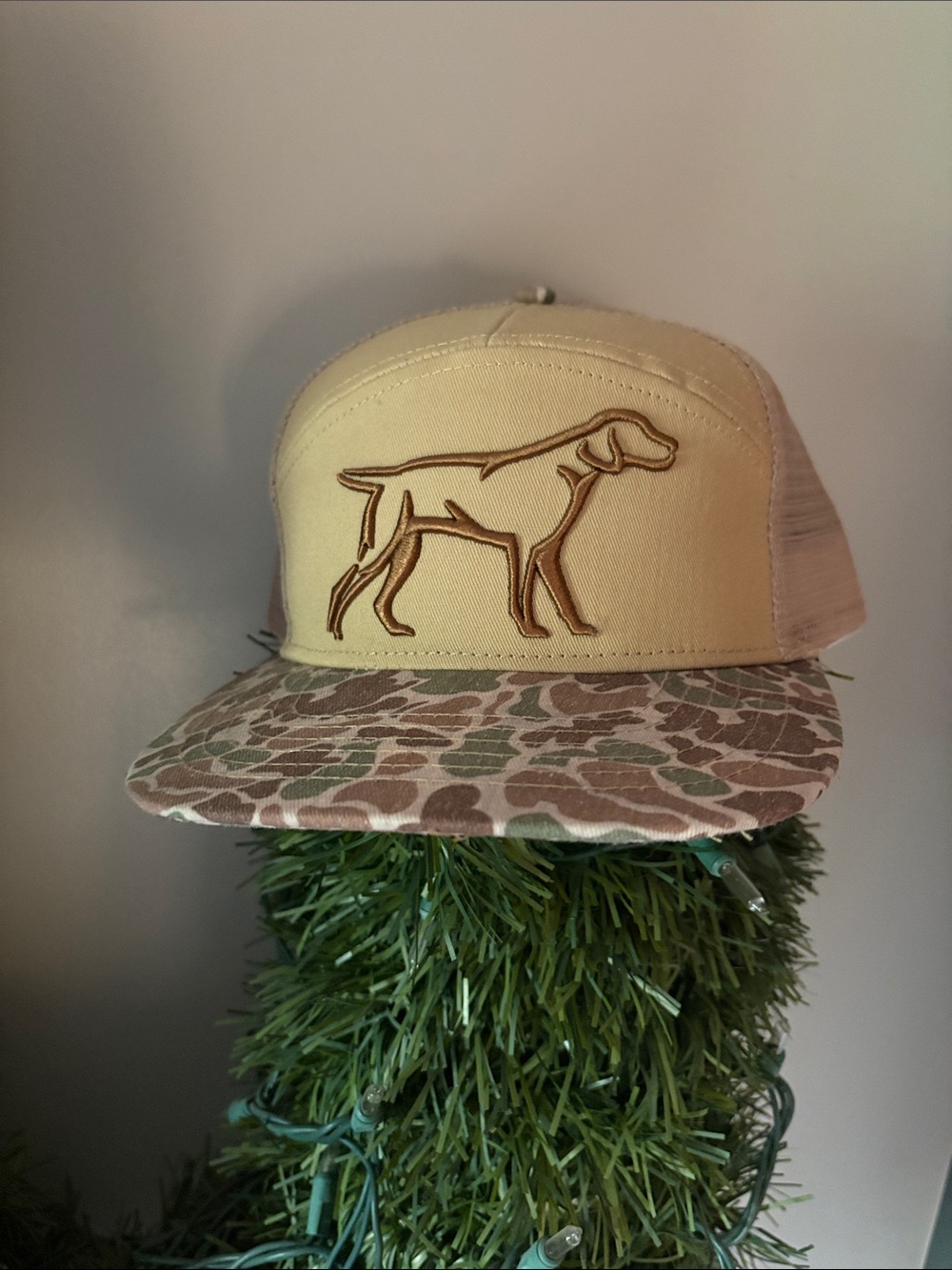 Tan Dog Embroidered Trucker Cap with Camo Visor